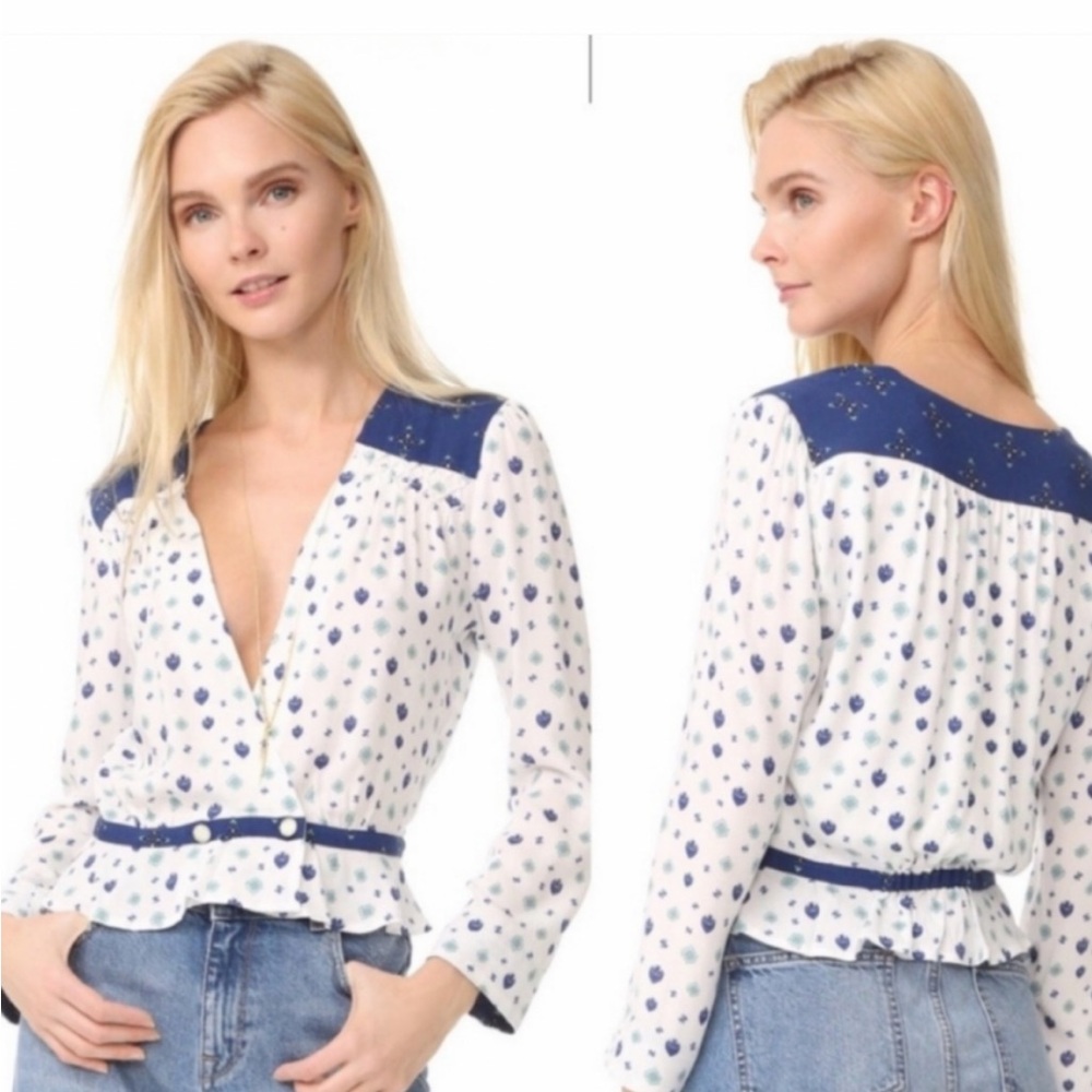 Free People Where We Roam Navy White Geometric Top Blouse Small Deep V Neck